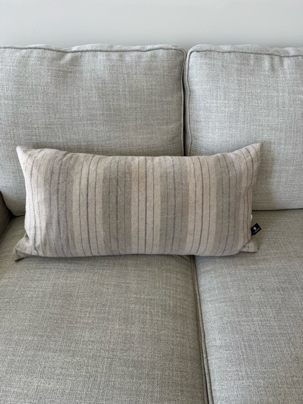 Newport Beige Striped Lumbar Pillow Navy Blue accent 25” x 13”